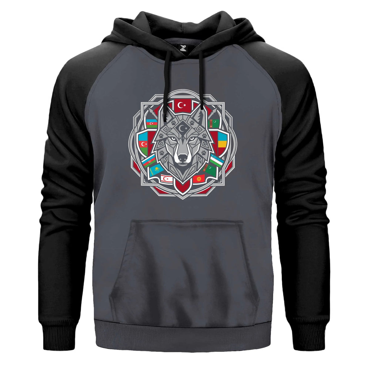 Mandala Desenli Bayraklı Gri Kurt Baskılı Renkli Reglan Kol Sweatshirt Kapşonlu