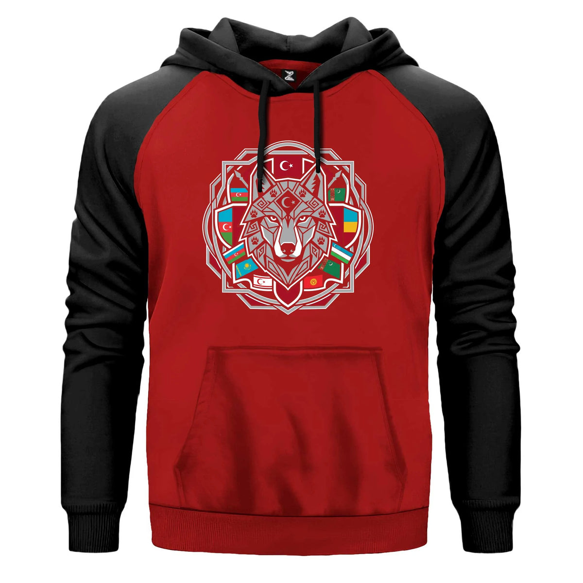 Mandala Desenli Bayraklı Gri Kurt Baskılı Renkli Reglan Kol Sweatshirt Kapşonlu