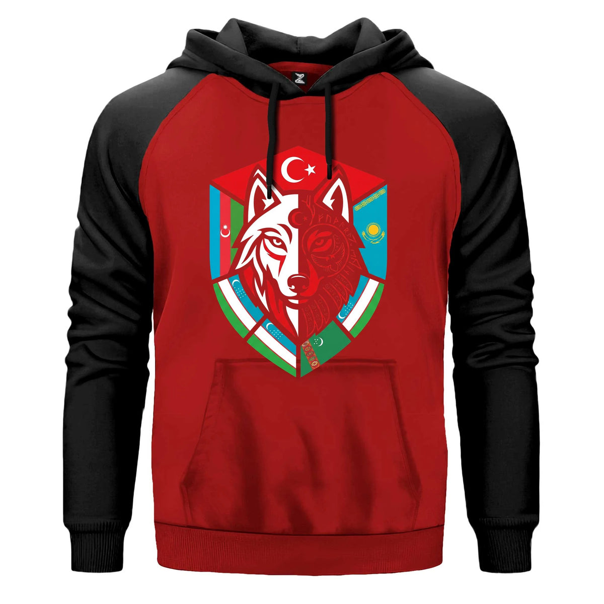 Kardeş Ülke Bayraklı Kalkan Bozkurt Baskılı Renkli Reglan Kol Sweatshirt Kapşonlu