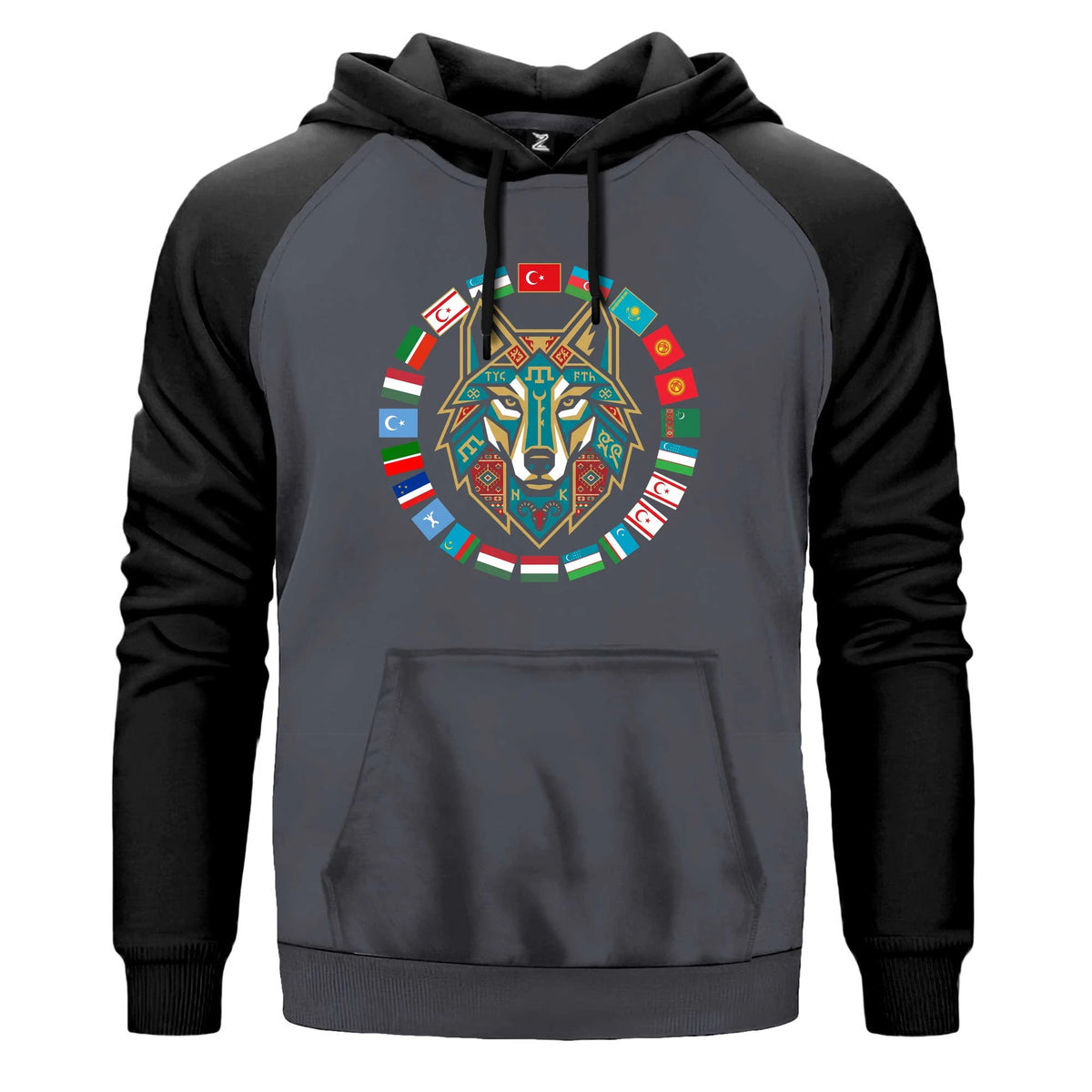 Dairesel Bayrak Çemberli Bozkurt Baskılı Renkli Reglan Kol Sweatshirt Kapşonlu