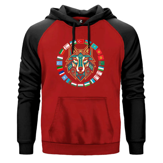 Dairesel Bayrak Çemberli Bozkurt Baskılı Renkli Reglan Kol Sweatshirt Kapşonlu