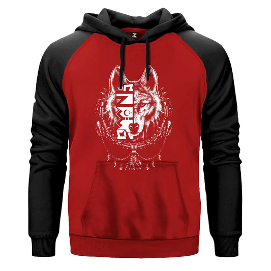 Beyaz Eskiz Tarzı Kurt Başı Baskılı Renkli Reglan Kol Sweatshirt Kapşonlu