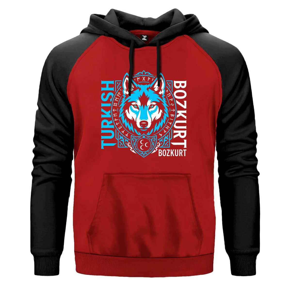 Dikey Turkish Bozkurt Tipografili Mavi Baskılı Renkli Reglan Kol Sweatshirt Kapşonlu