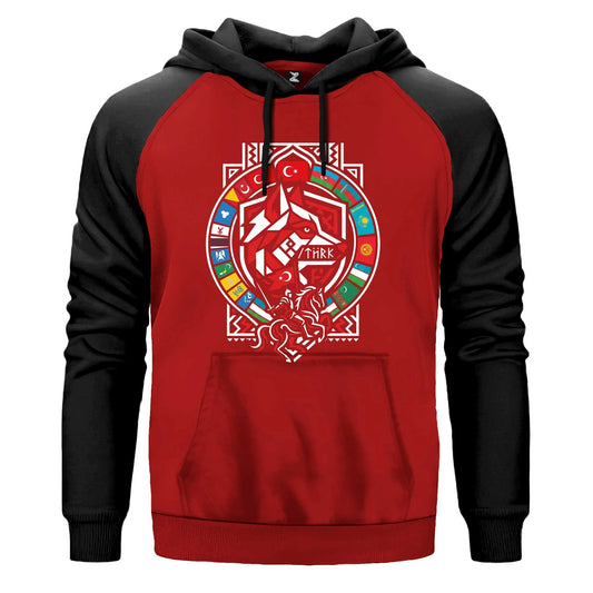 Kırmızı Bayraklı Kalkan Amblem Bozkurt Baskılı Renkli Reglan Kol Sweatshirt Kapşonlu
