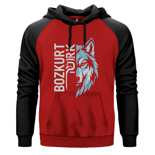 Dikey Bozkurt Türk Yazılı Mavi Kurt Profili Baskılı Renkli Reglan Kol Sweatshirt Kapşonlu