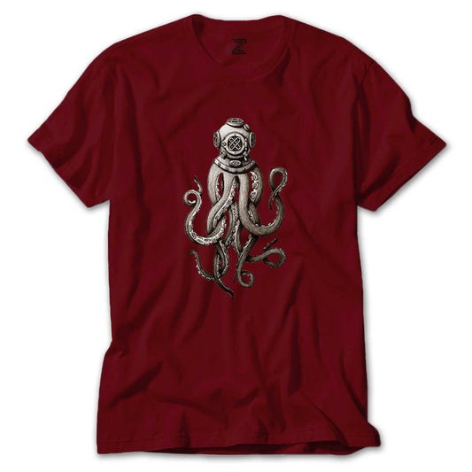 İndirimli Diver Octopus Kırmızı Tişört