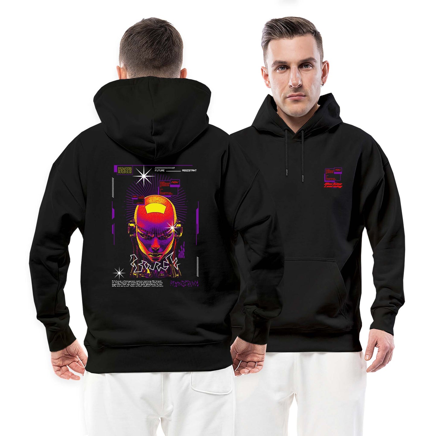 Machine Learning Mor Futurei Siyah Streetwear Kapşonlu Hoodie