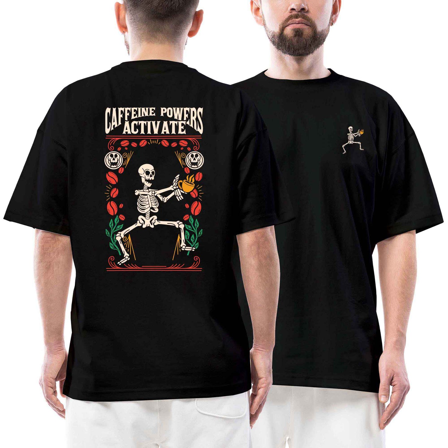 Caffeine Powers Active İskelet Streetwear Siyah Oversize Tişört