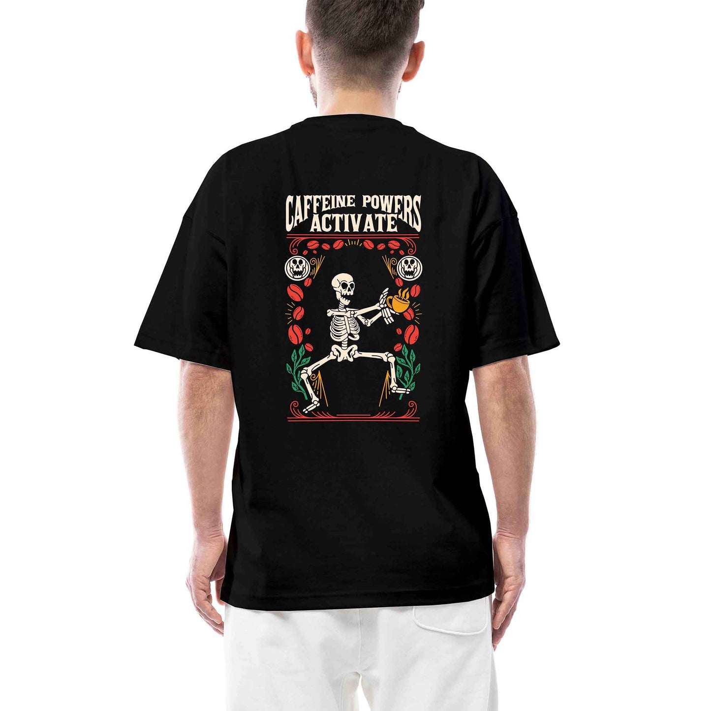 Caffeine Powers Active İskelet Streetwear Siyah Oversize Tişört