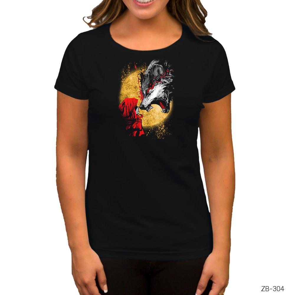 Kırmızı Başlıklı Kız ve Kurt Siyah Kadın Tişört