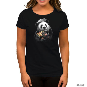 Panda Pizza Siyah Kadın Tişört