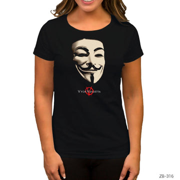 V For Vendetta Maske Siyah Kadın Tişört