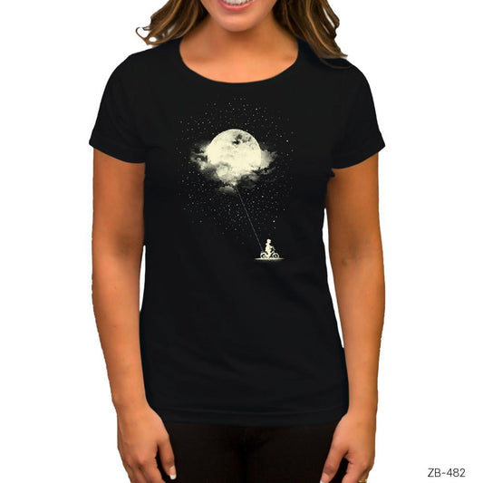 Biker Boy and Moon Siyah Kadın Tişört