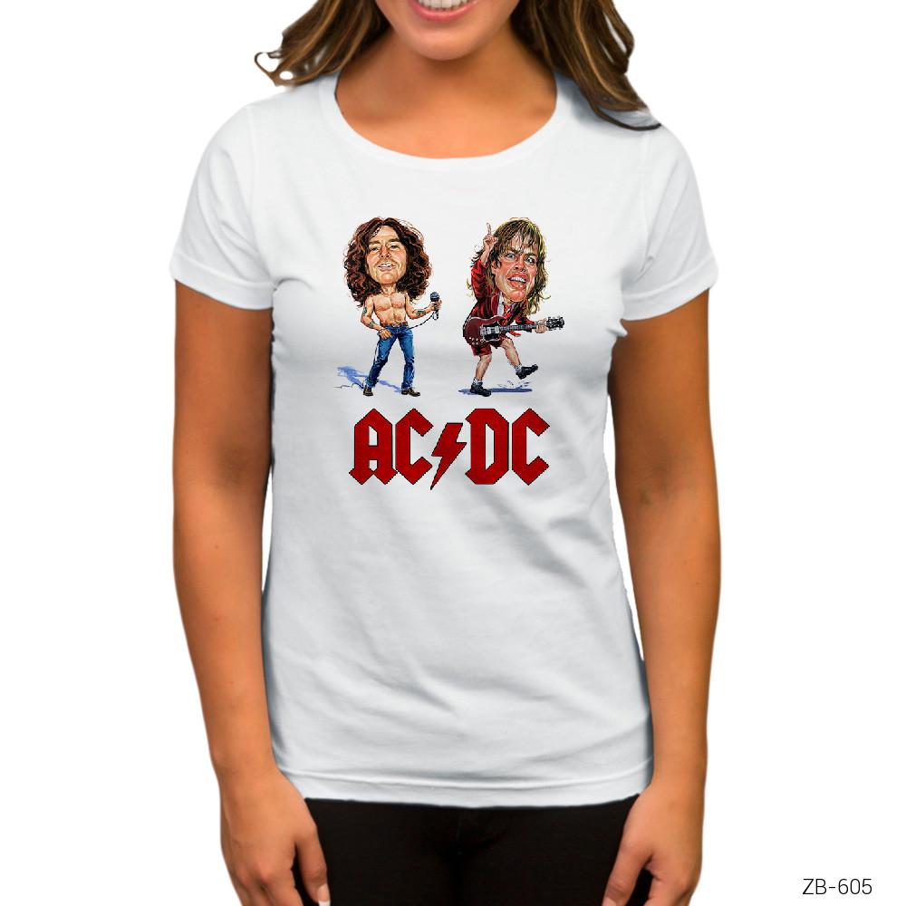 AC DC Cartoon Beyaz Kadın Tişört