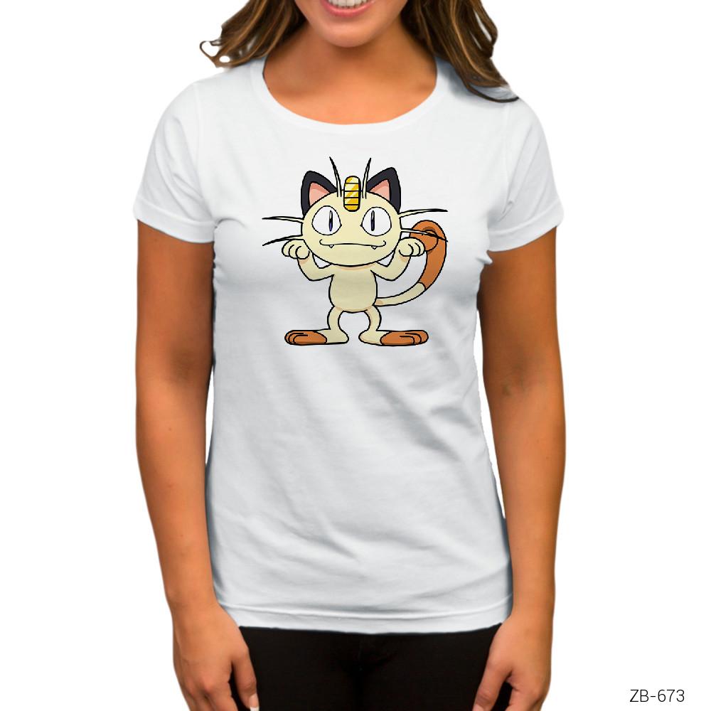 Pokemon Meowth Beyaz Kadın Tişört