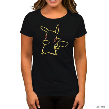 Pokemon Pikachu Line Siyah Kadın Tişört