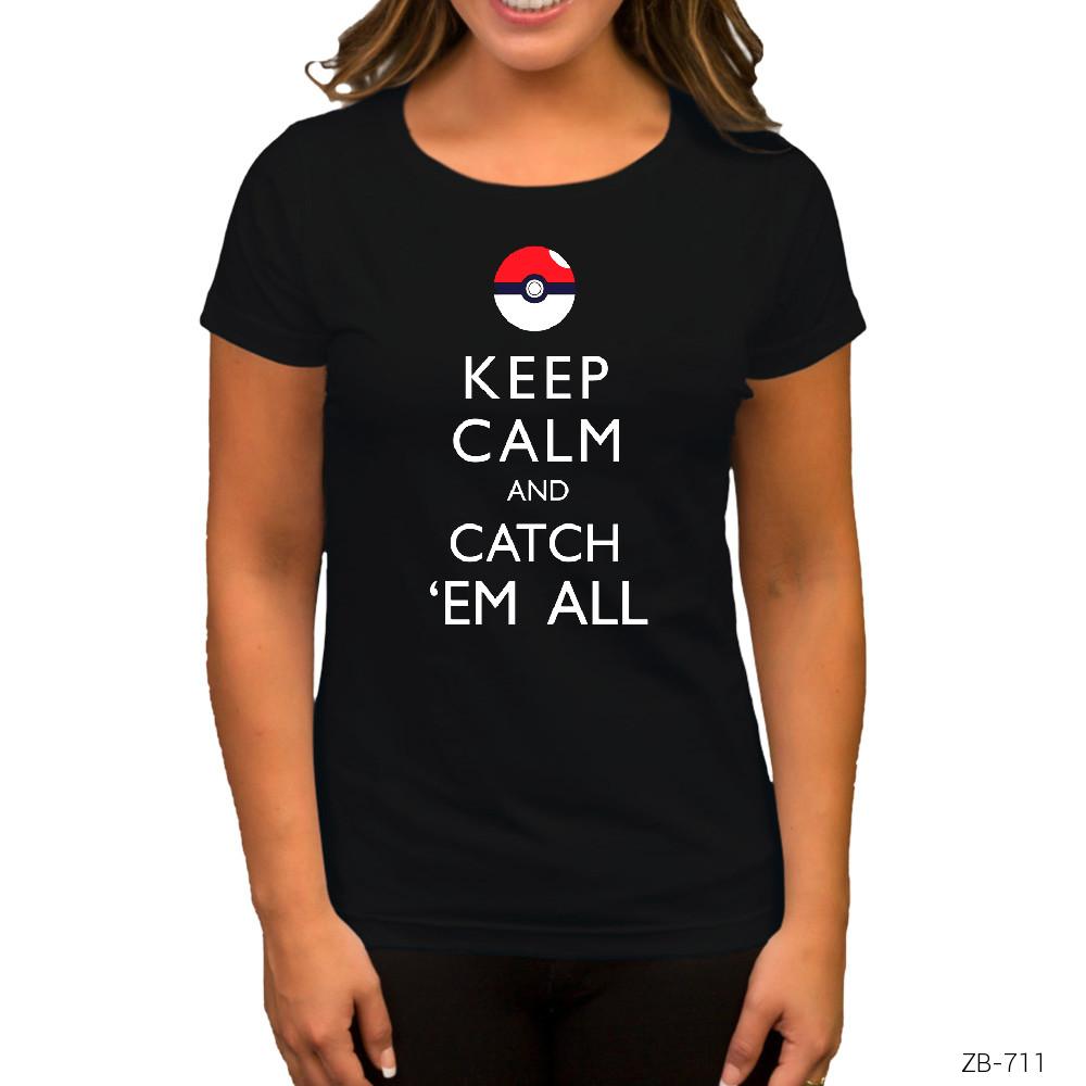 Pokemon Keep Calm Siyah Kadın Tişört