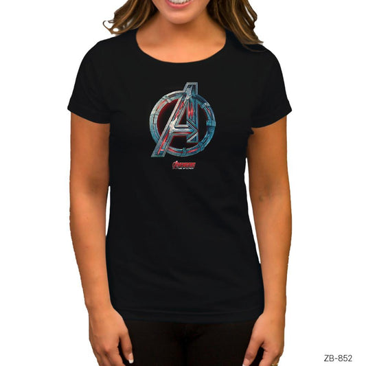 Avengers Red Line Metal Logo Siyah Kadın Tişört