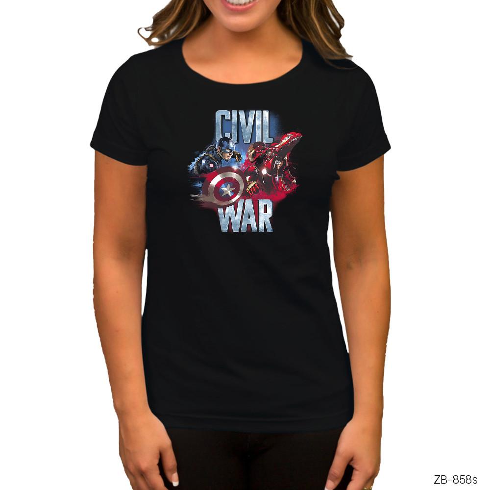 Civil War Captain America Iron Man Siyah Kadın Tişört