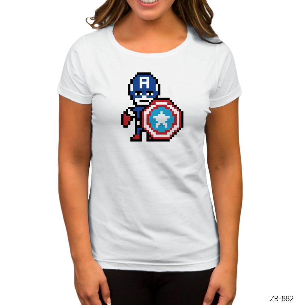 Captain America 8bit Beyaz Kadın Tişört