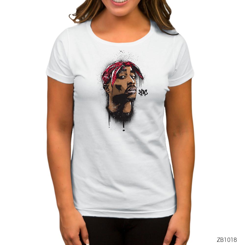 Tupac Shakur Cartoon Artwork Beyaz Kadın Tişört