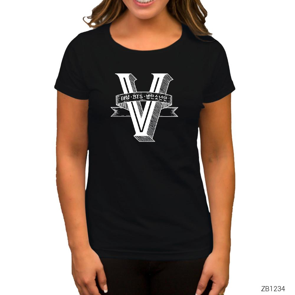 BTS V Retro Logo Siyah Kadın Tişört