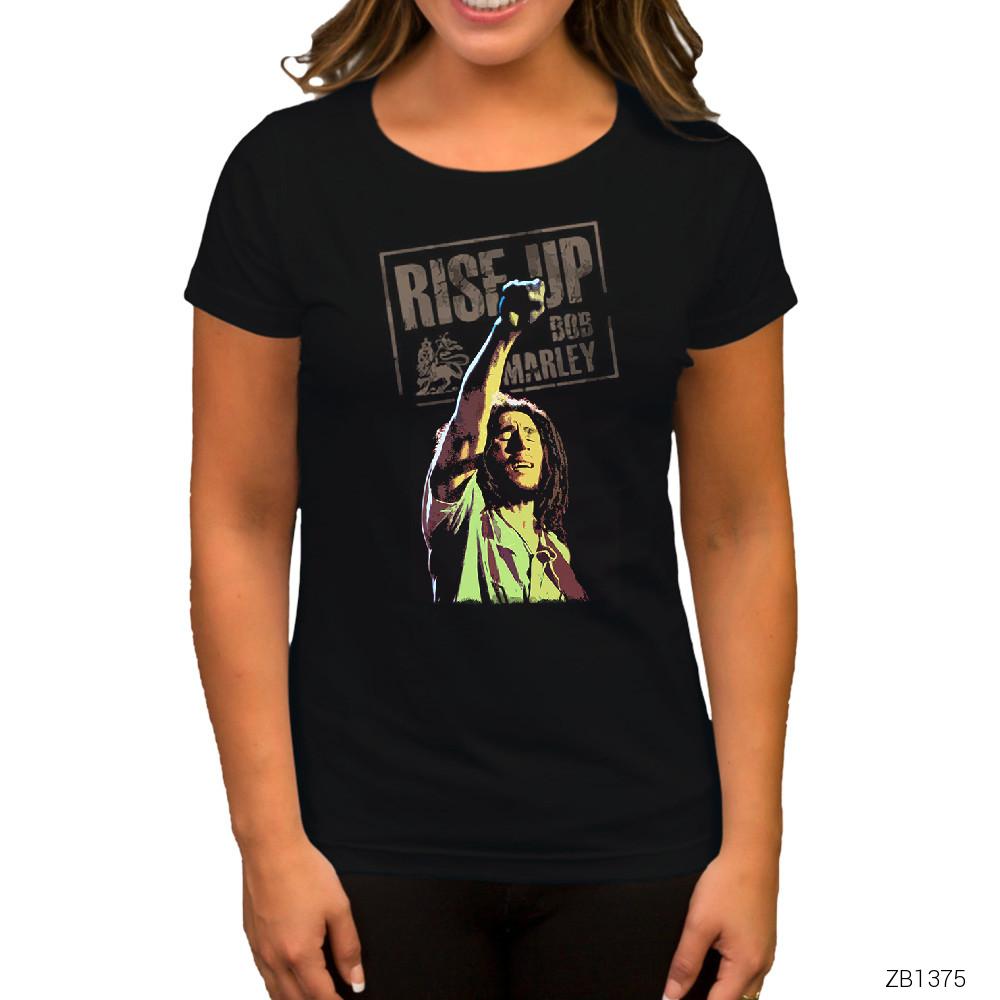 Bob Marley Rise Up Siyah Kadın Tişört
