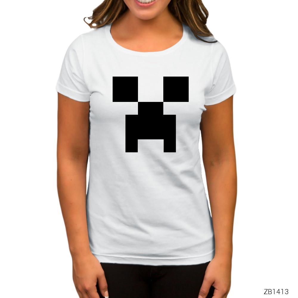 Minecraft Creeper Face Beyaz Kadın Tişört