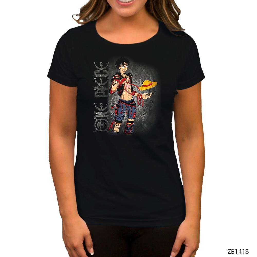 One Piece Luffy Siyah Kadın Tişört