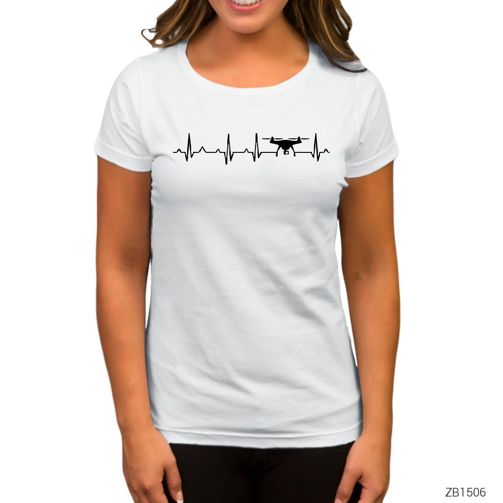 Drone Heartbeat Beyaz Kadın Tişört