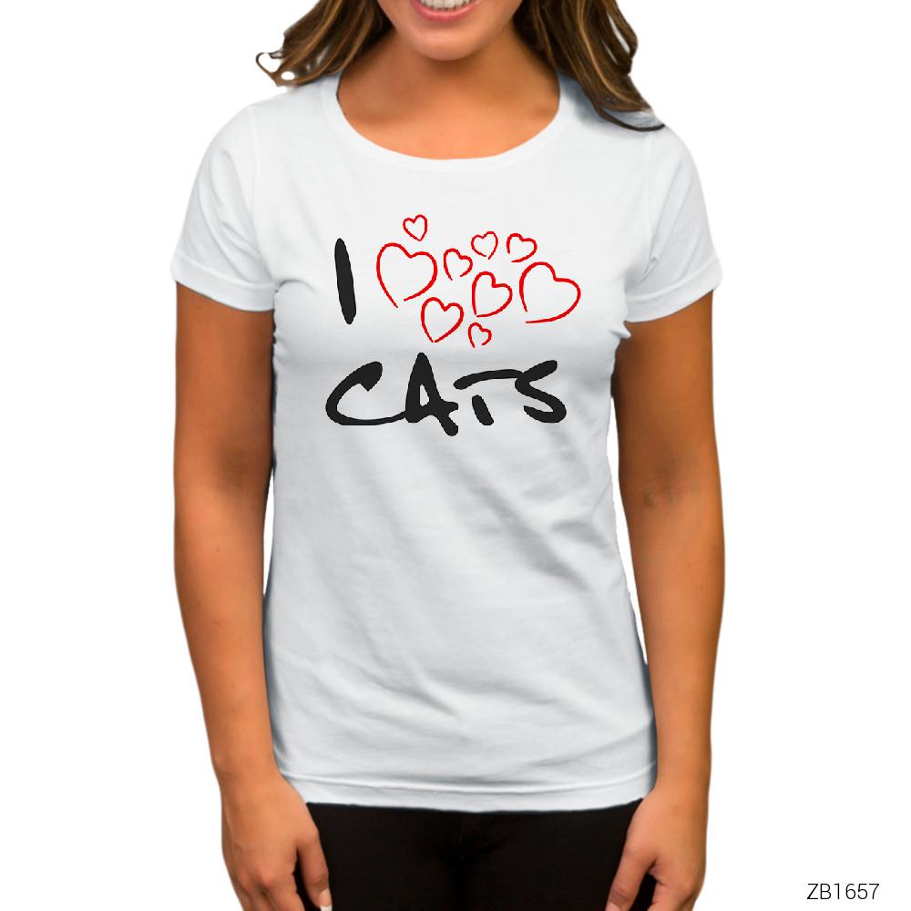 Kedi I Love Cats Beyaz Kadın Tişört