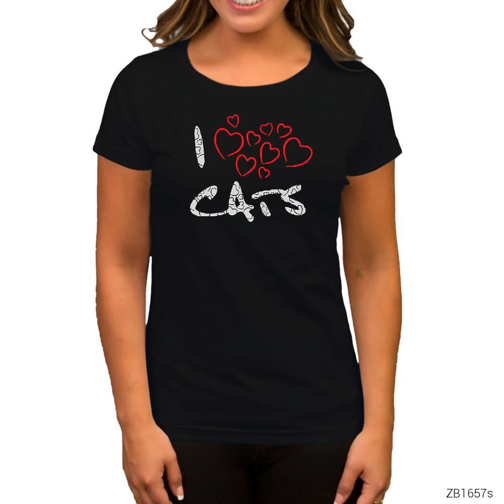 Kedi I Love Cats Siyah Kadın Tişört