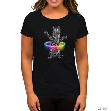 Kedi Hulahop Siyah Kadın Tişört