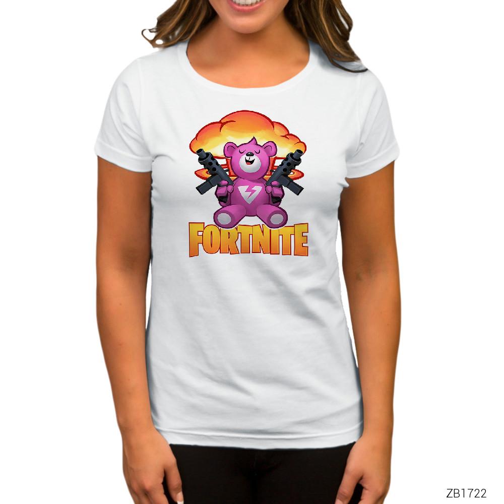 Fortnite Pink Bear Gunny Beyaz Kadın Tişört
