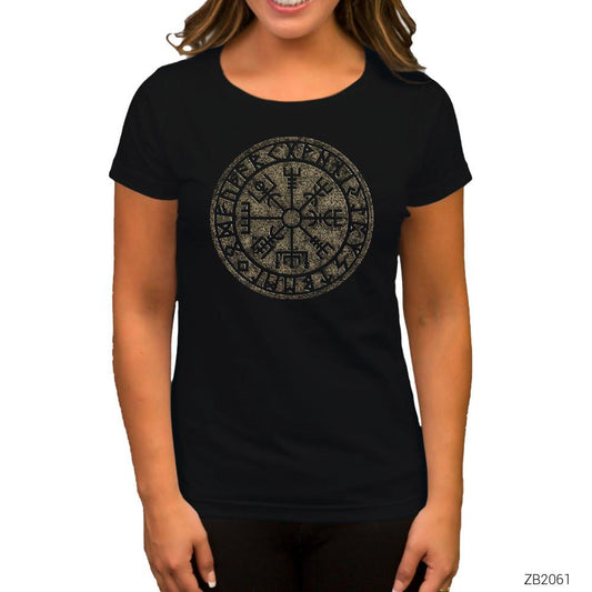 Vikings Vintage Vegvisir Siyah Kadın Tişört