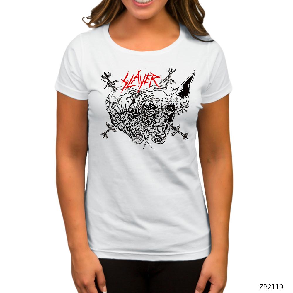 Slayer Cartoon Skull Beyaz Kadın Tişört