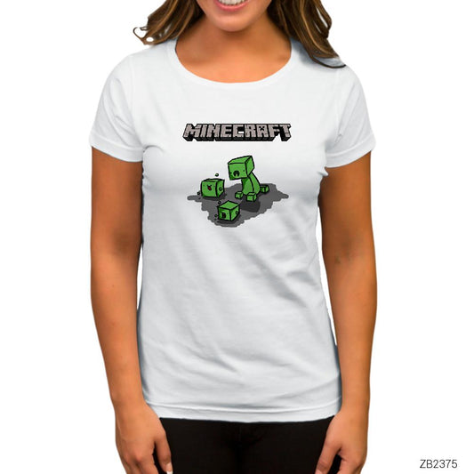 Minecraft Creeper and Boxes Beyaz Kadın Tişört