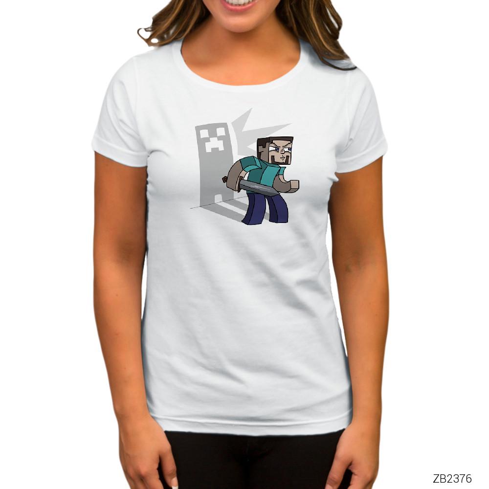 Minecraft Creeper Shadow Beyaz Kadın Tişört
