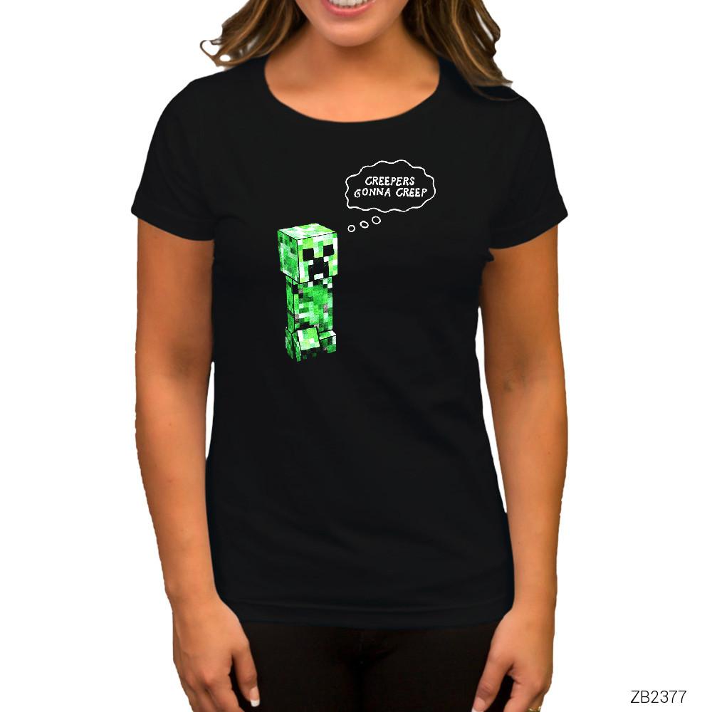 Minecraft Creepers Gonna Creep Siyah Kadın Tişört