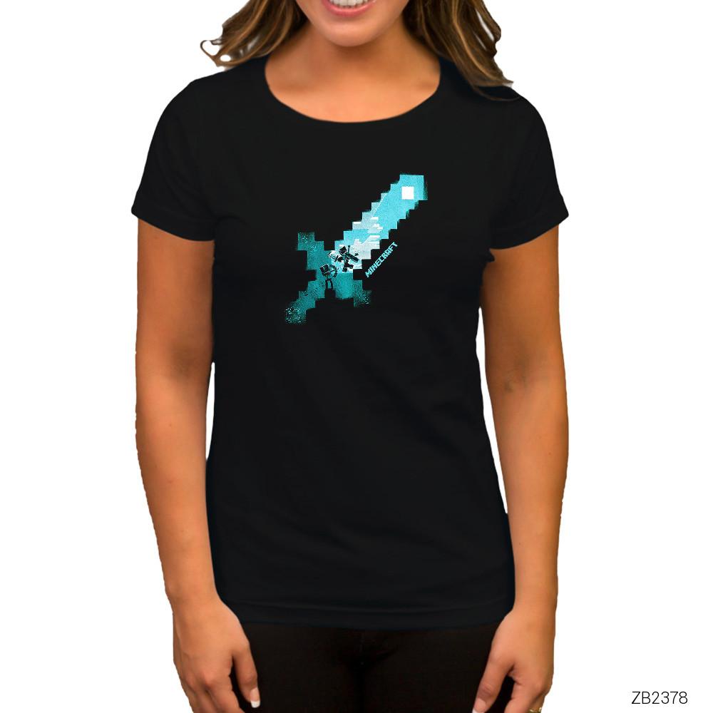 Minecraft Diamond Sword Siyah Kadın Tişört