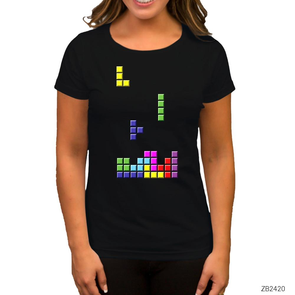 Tetris Blocks Siyah Kadın Tişört