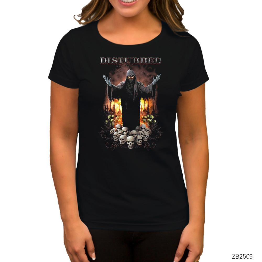 Disturbed Skulls Siyah Kadın Tişört