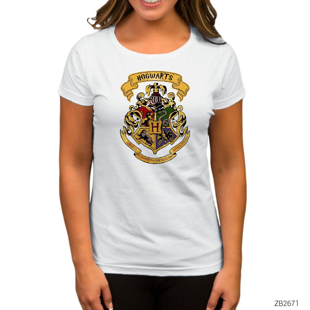 Harry Potter Hogwarts Logo Beyaz Kadın Tişört