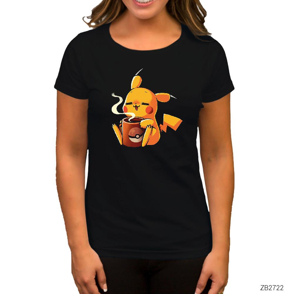 Pikachu Coffe Siyah Kadın Tişört