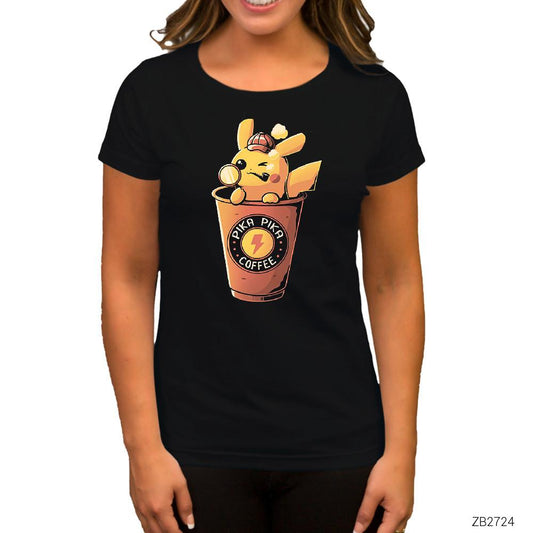 Pikachu Detective and Coffe Siyah Kadın Tişört