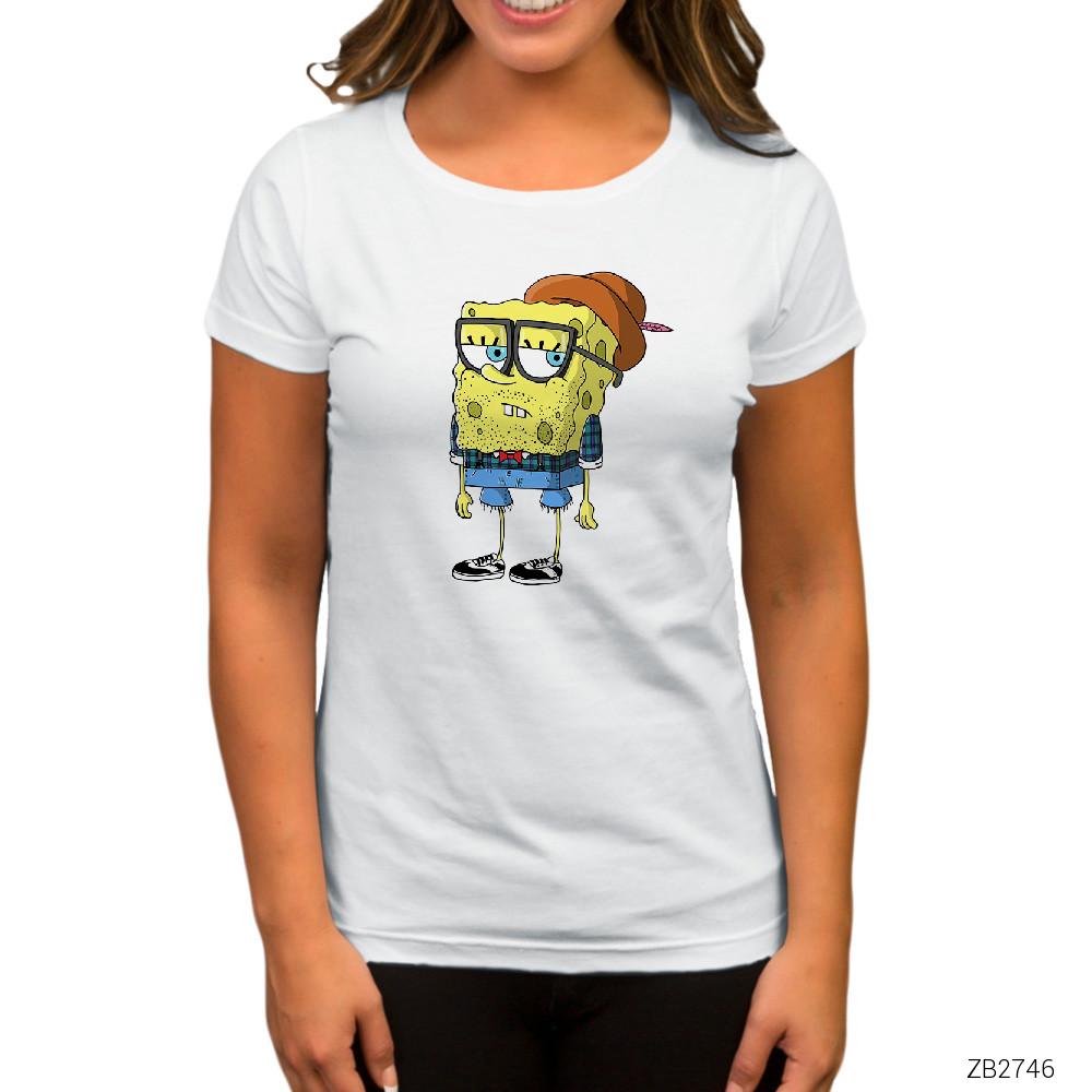 Spongebob Hipster Beyaz Kadın Tişört