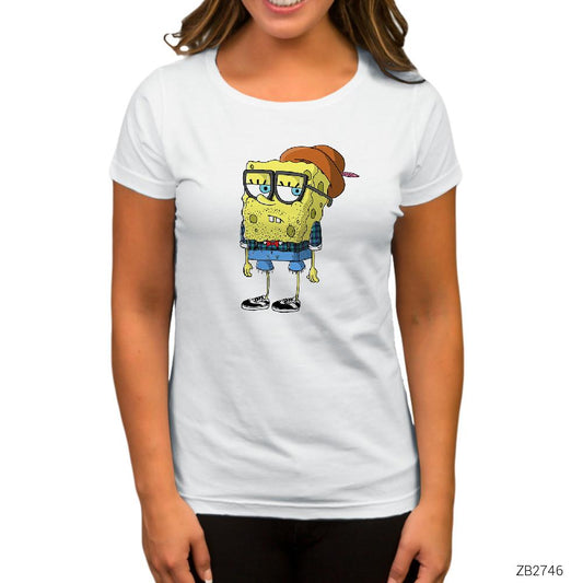 Spongebob Hipster Beyaz Kadın Tişört
