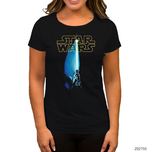Star Wars Sword and Logo Siyah Kadın Tişört