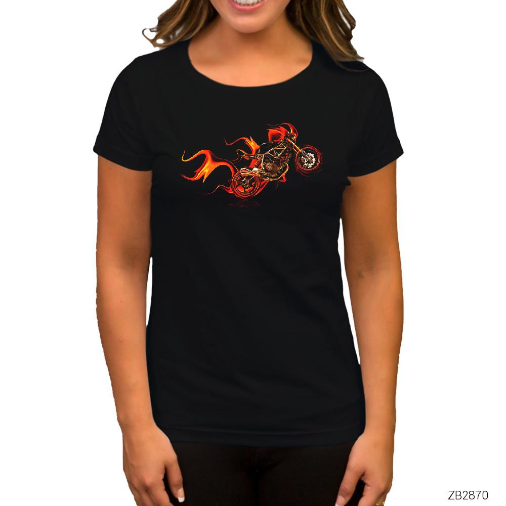 Fire Motorcyle Siyah Kadın Tişört