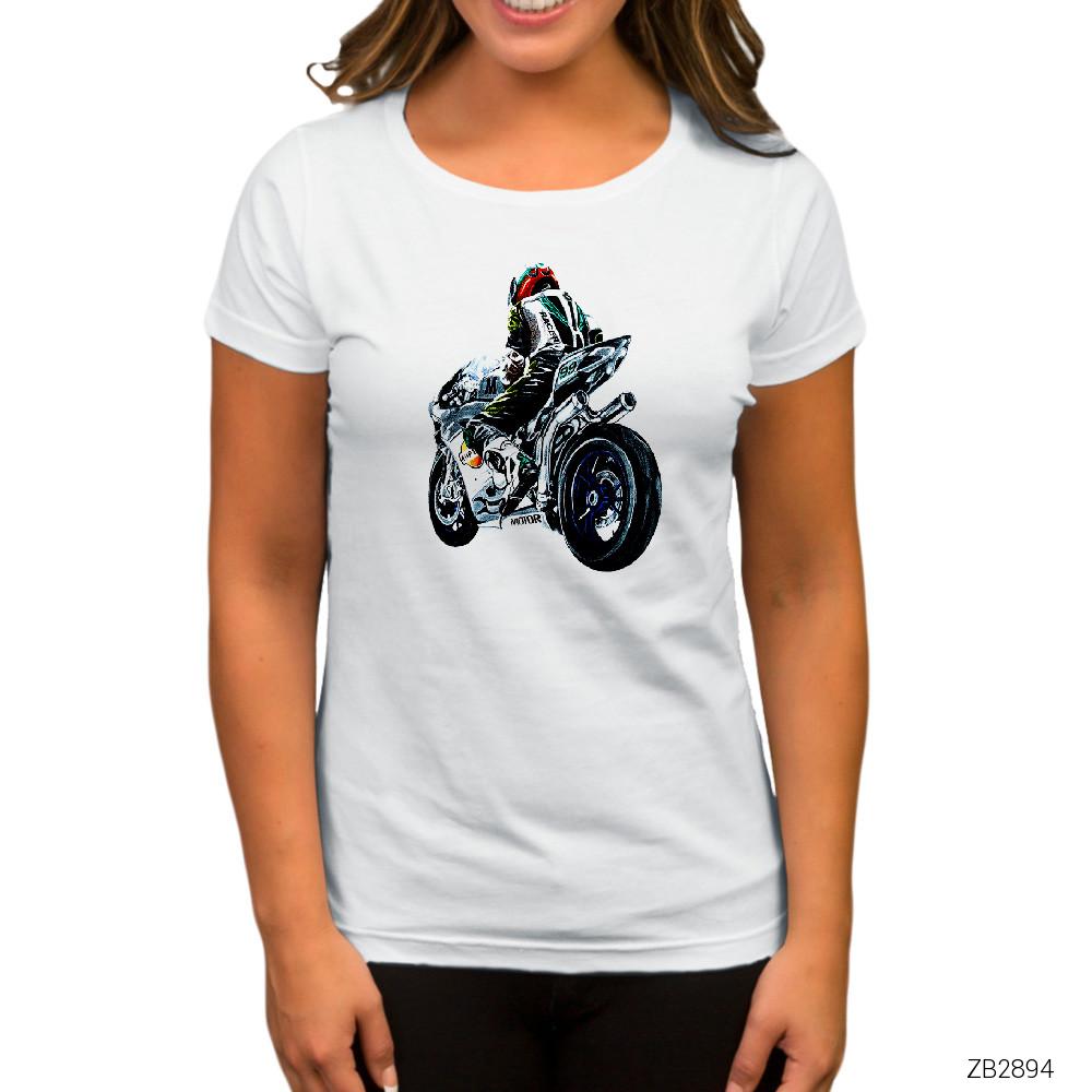 Motorcycle Drawing Beyaz Kadın Tişört